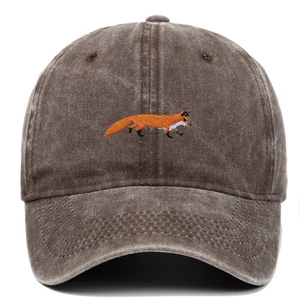 Close-up of vintage charcoal washed cotton baseball cap with detailed fox embroidery