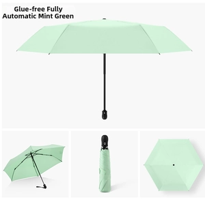 Ultralight light green automatic folding umbrella shown in open and folded positions