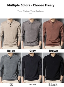 Detailed view of long-sleeve knit polo shirts in six different solid colors for men