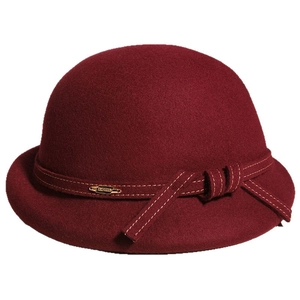 Elegant wine red wool cloche hat with a bow, white stitching and gold metal logo plate