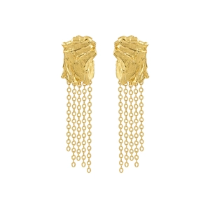 Irregular square gold tassel earrings with textured geometric design and silver base