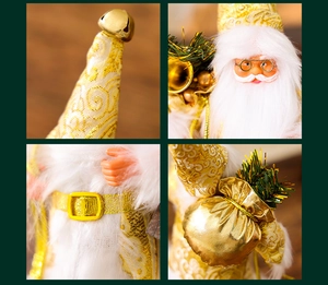 Close-up of gold and white Santa figurine showing sequin fabric, beard and gift bag details