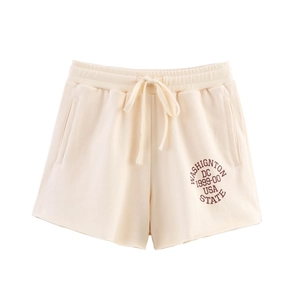 Pantaloncini sportivi beige in pile lavato con stampa Washington DC e coulisse in vita