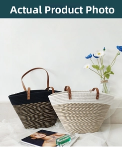 Detailed close-up of woven cotton rope tote bags with contrast colors and leather handles