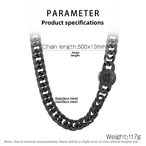 Polished black stainless steel Cuban chain necklace with skull clasp and product specs