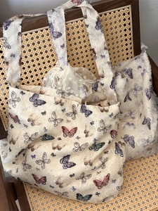 Lightweight lace butterfly print tote bag with wide shoulder straps in a vintage style