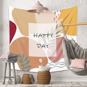 Bohemian tapestry with Happy Day print and abstract plant leaves for room decoration