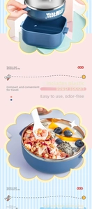 Detail of blue 304 stainless steel baby food bowl set with lid and plastic spoon