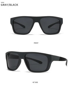 Detail view showing front and 45-degree side angles of matte black polarized sunglasses