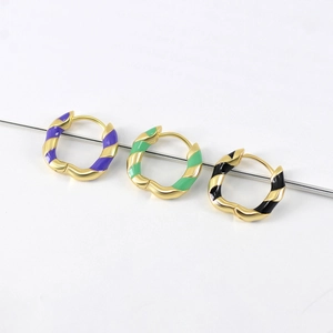 Multicolor enamel twisted hoop earrings with gold base in purple, green and black