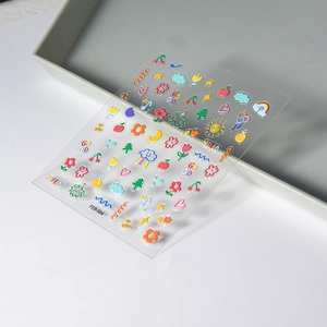 5D embossed children's nail stickers featuring cute cartoon flowers and colorful fruit