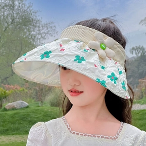 Detail of child sun hat featuring floral pattern brim and 3D flower with m-bead
