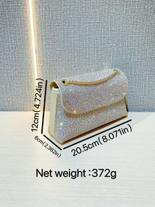 Sparkling gold rhinestone evening shoulder bag with chain strap and size dimensions