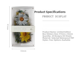 Detail showing 40pcs waterproof PET floral stickers in 20 assorted botanical patterns