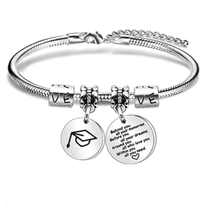 Adjustable silver snake chain bracelet with graduation hat and inspirational quote charms