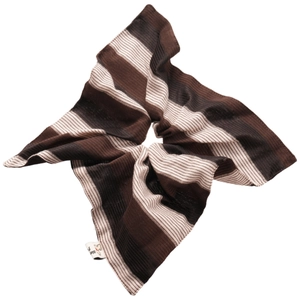 Brown and beige striped knit oversized scrunchie hair tie with woven brand label