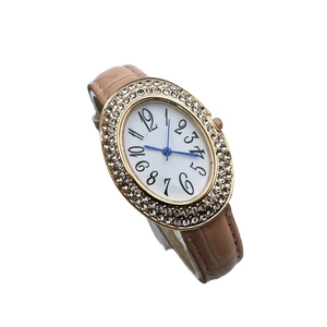 Elegant women's quartz watch with oval diamond-set bezel and brown leather strap
