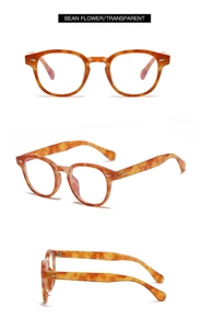 Vue détaillée de montures de lunettes rondes rétro en écailles avec finition transparente