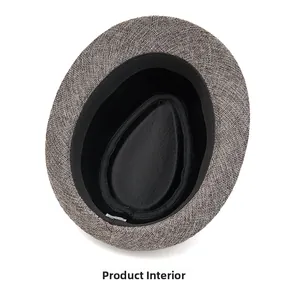 Vertical view of the fedora hat internal structure with black sweatband and lining