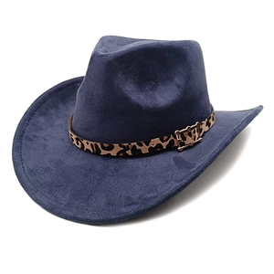 Detail of dark blue faux suede hat featuring a leopard print band and gold metal buckle