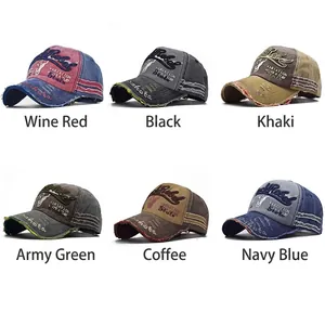 Premium washed cotton baseball caps with bull embroidery in six vintage colors