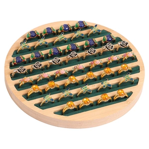 Bamboo round ring display tray with premium green velvet slots for jewelry showcase