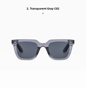 Vorderansicht der quadratischen Sonnenbrille in Transparentgrau mit metallischen Pfeil-Details