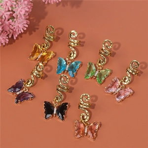 Set of seven gold spiral hair rings with colorful crystal butterfly charms for braids