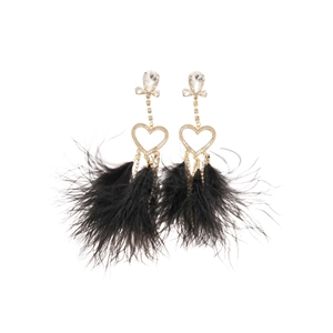 Elegant heart-shaped drop earrings with black feathers and rhinestones for parties