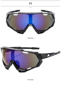 Dual view of black cycling sunglasses with blue lenses in front and 45-degree angles
