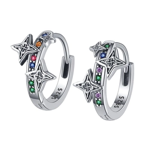 S925 sterling silver star hoop earrings featuring colorful inlaid gemstones for women