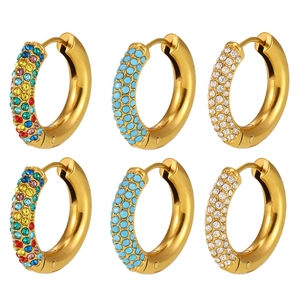 Three pairs of gold stainless steel hoop earrings with colorful zircon stones on white background
