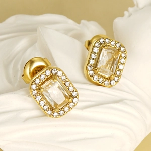 Double-layered golden stainless steel stud earrings with rectangular zircon halo design