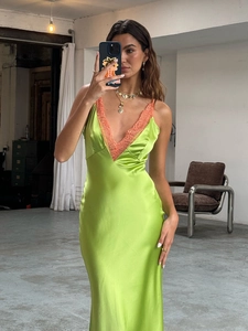 Green satin slip dress with contrast orange lace trim V-neckline for summer