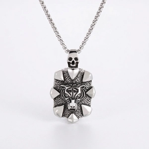 Retro Punk Men Stainless Steel Necklace With Tiger Head Shield Pendant And Skull Accent Box Chain Jewelry