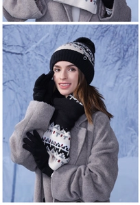 Three-piece winter knit set with geometric pattern pom-pom hat scarf and gloves