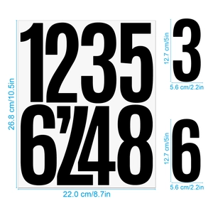 5-inch black number stickers showing detailed dimensions for mailbox and wall decor