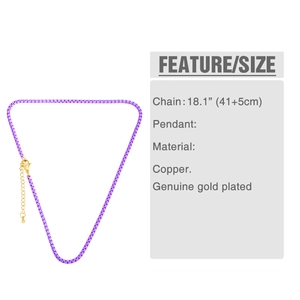 Detailed view of purple chain link necklace with copper material and gold plated finish
