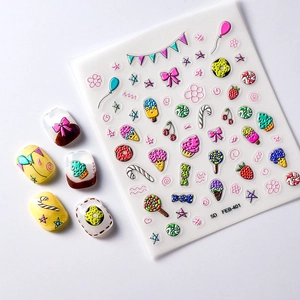 5D embossed nail art stickers featuring 3D ice cream and dessert party designs for nails