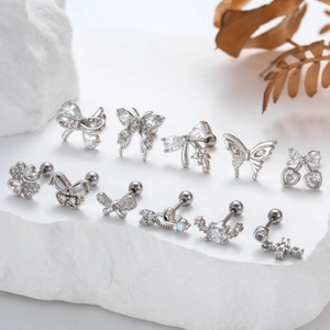Assorted silver stainless steel stud earrings with heart and butterfly zircon designs