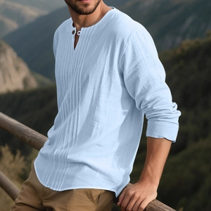 Men's light blue cotton linen Henley shirt long sleeve casual beach top outdoors