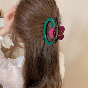 Vue détaillée d'une grande pince à cheveux en acrylique colorée sur longs cheveux bruns