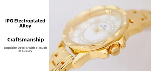 Detailed macro view of the IPG plated alloy gold watch case with crystal bezel details