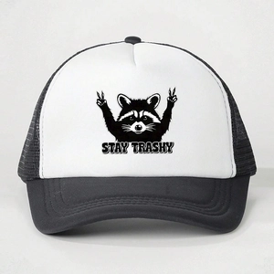 Classic black and white trucker hat featuring Stay Trashy raccoon print with mesh back