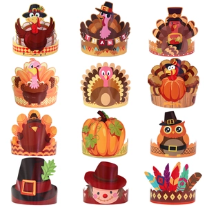 Set of 12 Thanksgiving themed paper party glasses and headbands with turkey and pumpkin designs