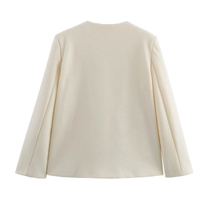 Rear view of long sleeve double-breasted cream coat with a minimalist round neck design