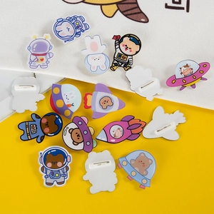 Space-themed acrylic cartoon pins featuring bears and bunnies for clothing or bag decor