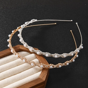 Elegant Rhinestone Artificial Pearl Headband Wave Shaped Thin Metal Hair Hoop Shiny Hair Accessories For Women Wedding Party