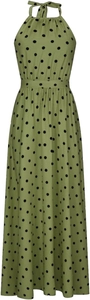 Detail of green halter neck maxi dress with black polka dots and pleated waistline