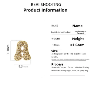 Detailed dimensions of gold letter A pendant with zircons, measuring 11.1mm by 9.3mm